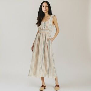 Drew Polly Dress Cotton Striped Flutter Sleeve Smocked Waist Maxi Dress Sz M NEW